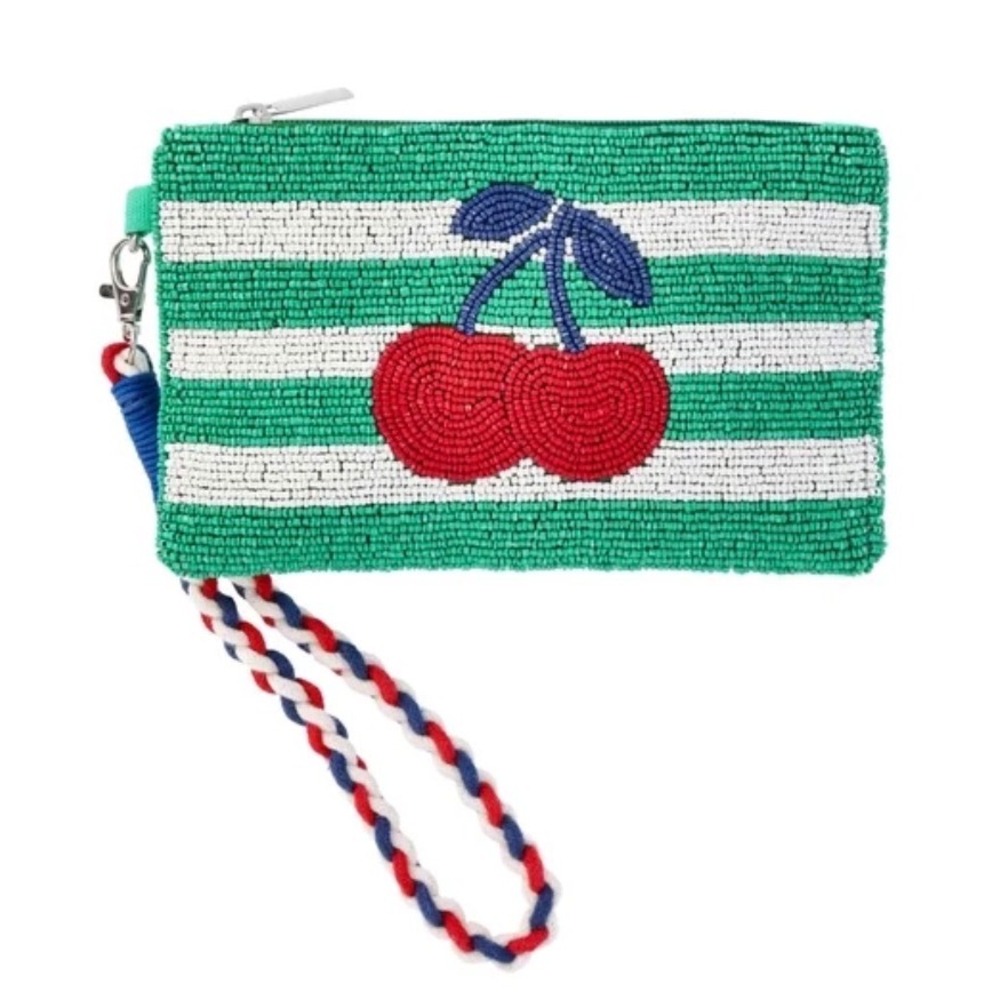 Beaded Cherry Striped Wristlet Clutch Green White Red Fruit Pouch Bag